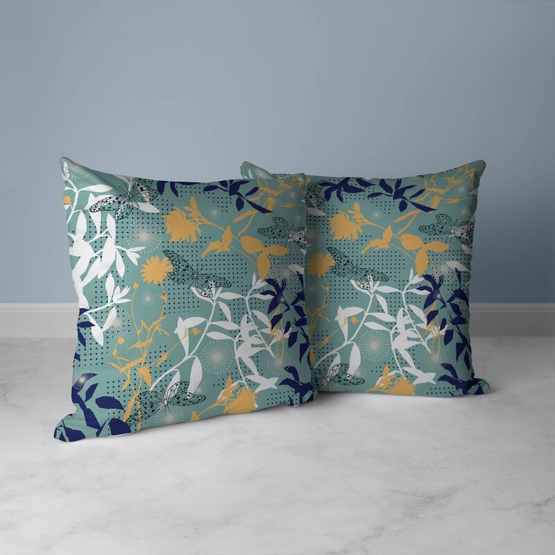 Butterfly Floral Orbit Faux Suede Reversible Throw Pillow Blue and Cyan