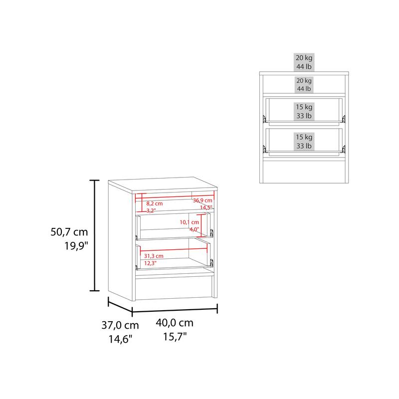 Modern Nightstand with Open Shelf and Two Drawers, Minimalist Design, Metal Hardware