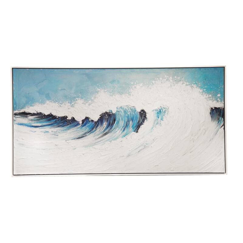 Pasargad Home Blue Rise Hand-Painted Ocean Wave On Canvas Oil Painting - 47" x 24" x 2"