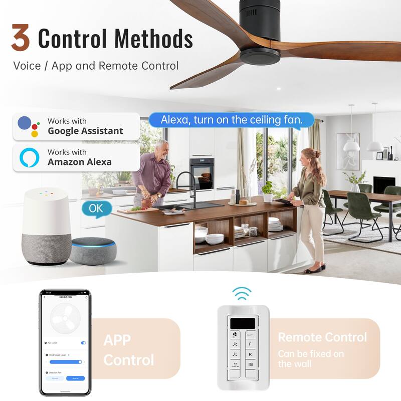 Sofucor 52 Inch Solid Wood Flush Mount Indoor Ceiling Fan without Light,Remote Control,Retractable Blades,Smart Optional