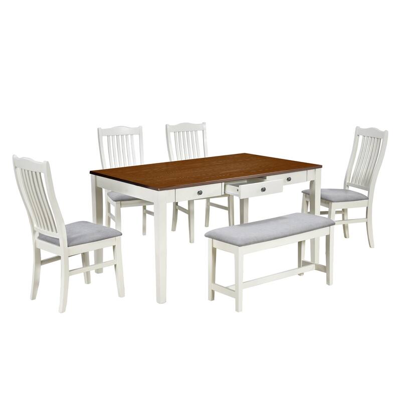 6-Piece Mid-Century Dining Set with Solid Wood Table, Upholstered Chairs, and Storage Bench - Seats 6