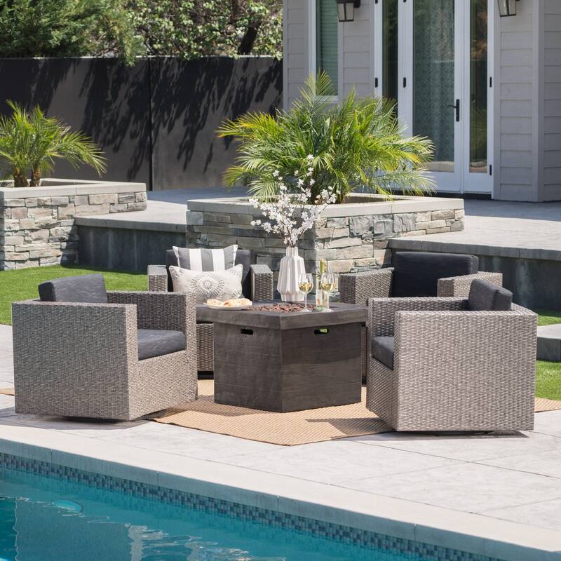 Puerta Outdoor 4-piece Wicker Swivel Chair Set with Square Firepit by Christopher Knight Home - Grey+Mixed Black w Brown Fire Pit