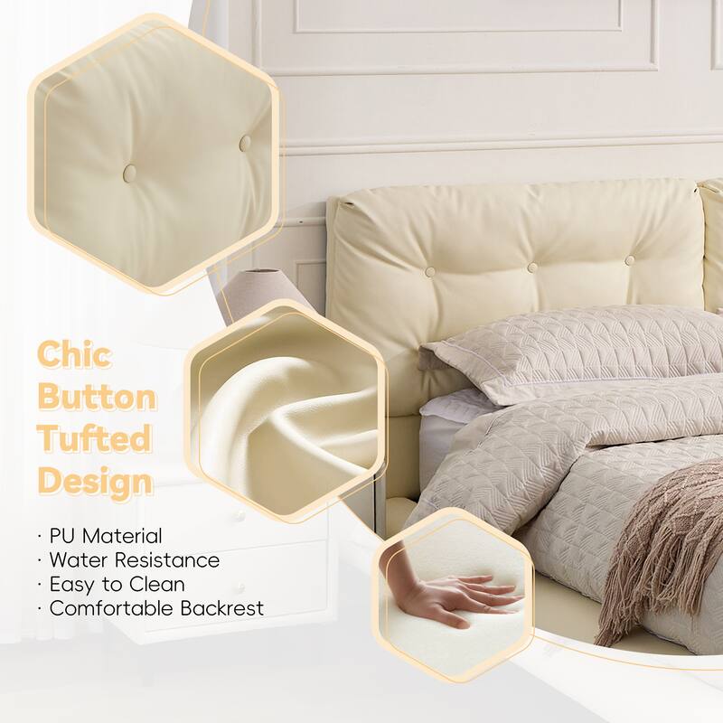 Queen Size LED Upholstered Platform Bed with Button-Tufted Headboard, Easy Assembly, No Box Spring Needed, White