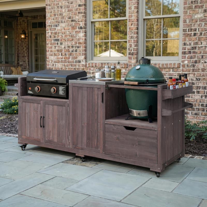 80.5"Kitchen Island,Solid Wood Grill Cart with Stainless Steel Top,Drawer for Large Big Green Egg and 21"/28"Blackstone Griddle