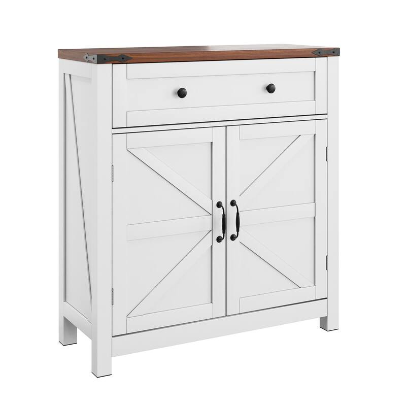 Roomfitters Modern Farmhouse Bathroom Storage Cabinet with Drawer and Barn Doors, Freestanding Floor Sideboard Organizer, White