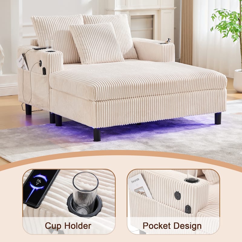 Corduroy Recliner Sofa - Oversized Deep Seat with USB, RGB Lights, Cup Holder & Side Pocket - Living Room, Bedroom