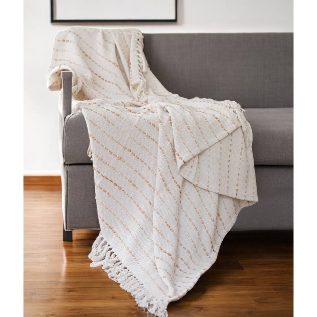 HomeRoots 50" X 60" White And Brown Cotton Blend Woven Striped Throw Blanket with Fringe