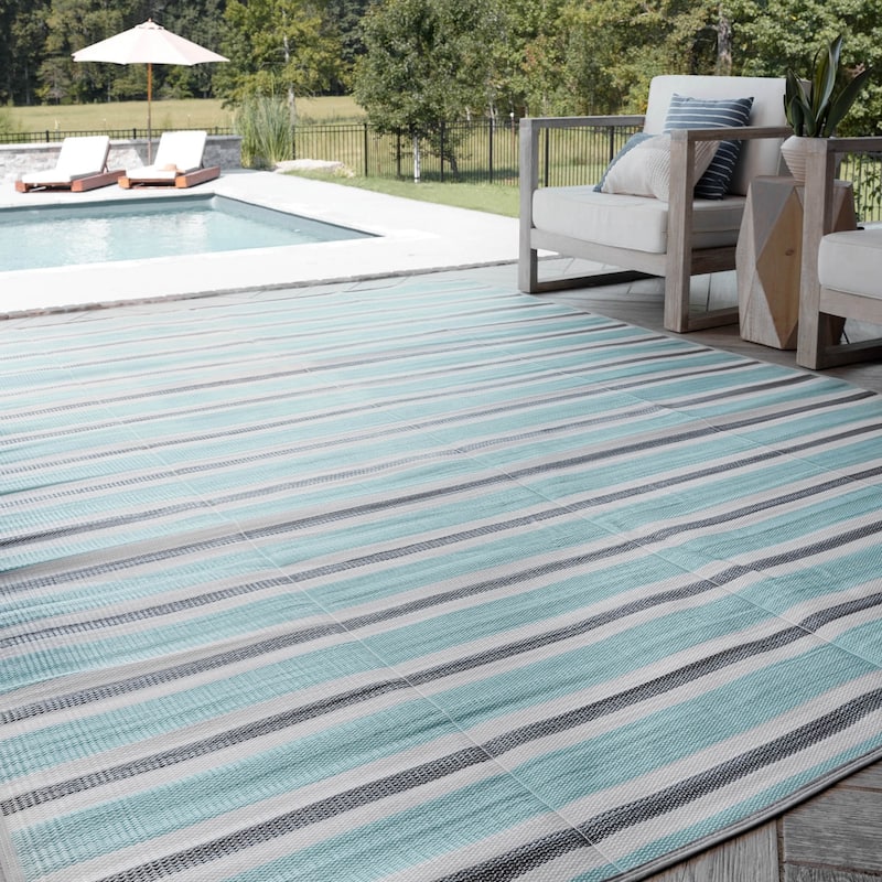 Lalune Beach Stripe Indoor Outdoor Area Rug - 5'11'' x 8'11'' - Sky/Gray