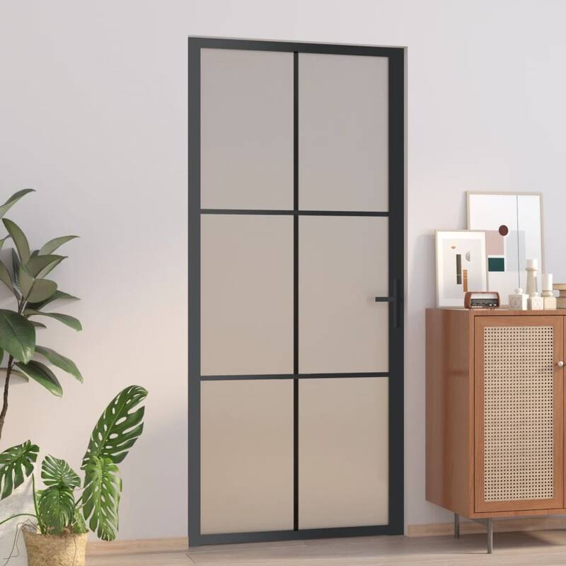 vidaXL Glass Door Interior Door with Alloy Handle ESG Glass and Aluminum Black - 36.6"x79.3" x 1.4" - Black and transparent