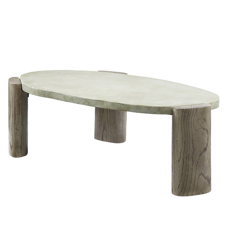 HomeRoots 47" Beige and Oak Distressed Cement Oval Coffee Table - 47.00 in. x 16.00 in. x 28.00 in.