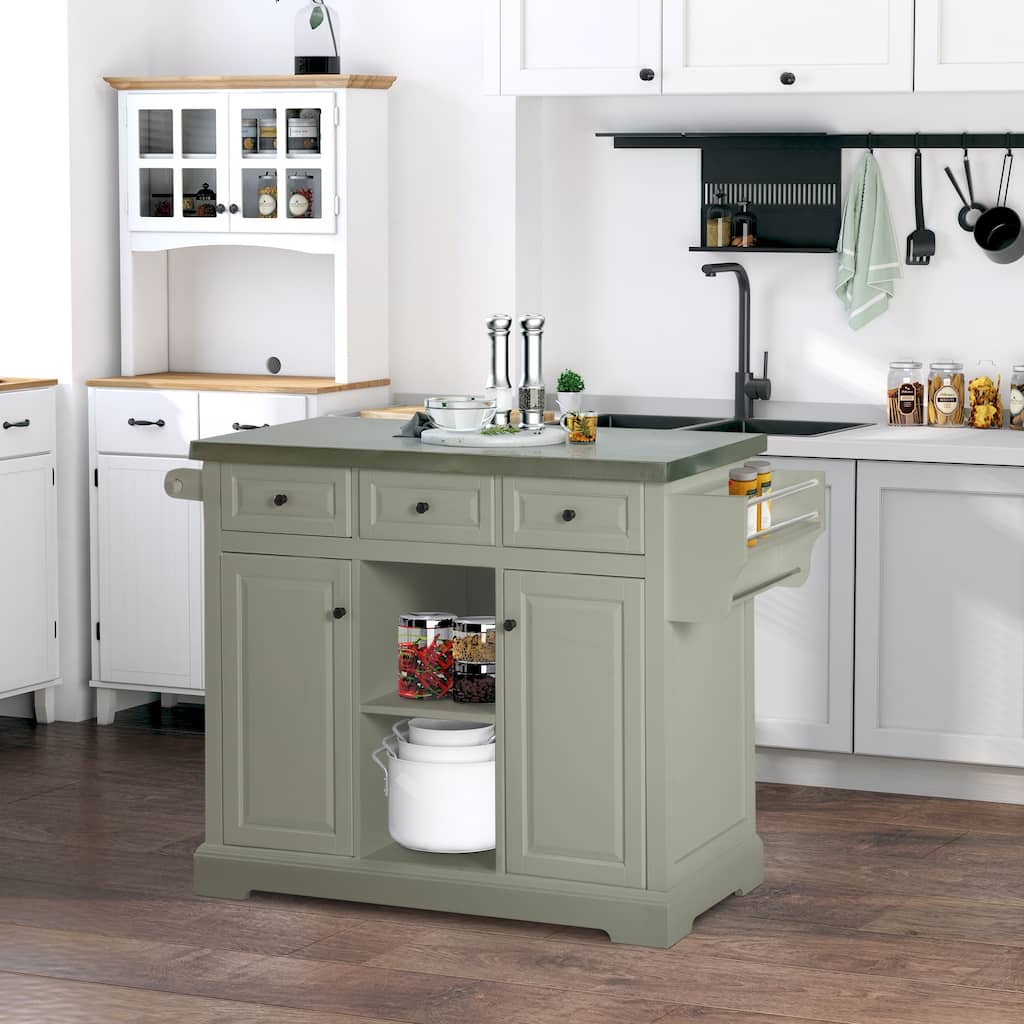 Grey Kitchen Cart with Stainless Steel Top, Drawers, Shelves and Wheels - 50.75" L x 18" W x 36" H