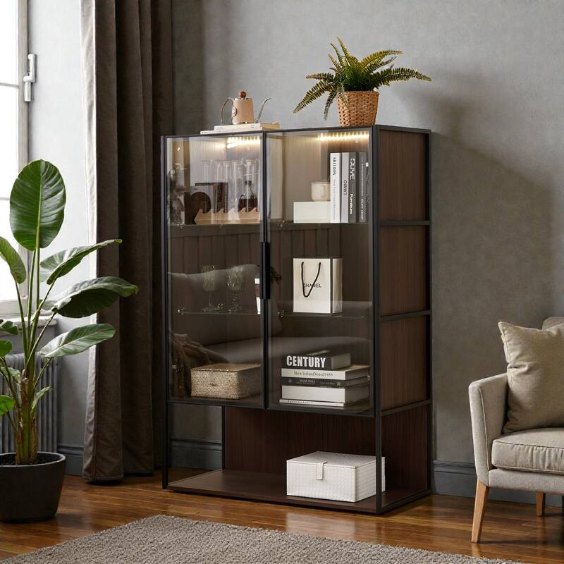 51.2'' Lighted Display Cabinet with Glass Doors, 4-Tier Adjustable Tempered Shelves & Metal Frame for Living Room or Kitchen