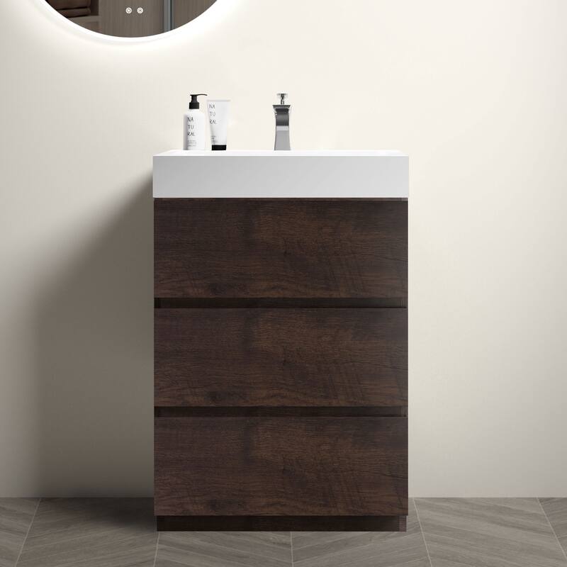 24"Bathroom Vanity with Sink, Large Storage Freestanding Bathroom Vanity, One-Piece White Sink Basin without Drain,Faucet - White+Walnut