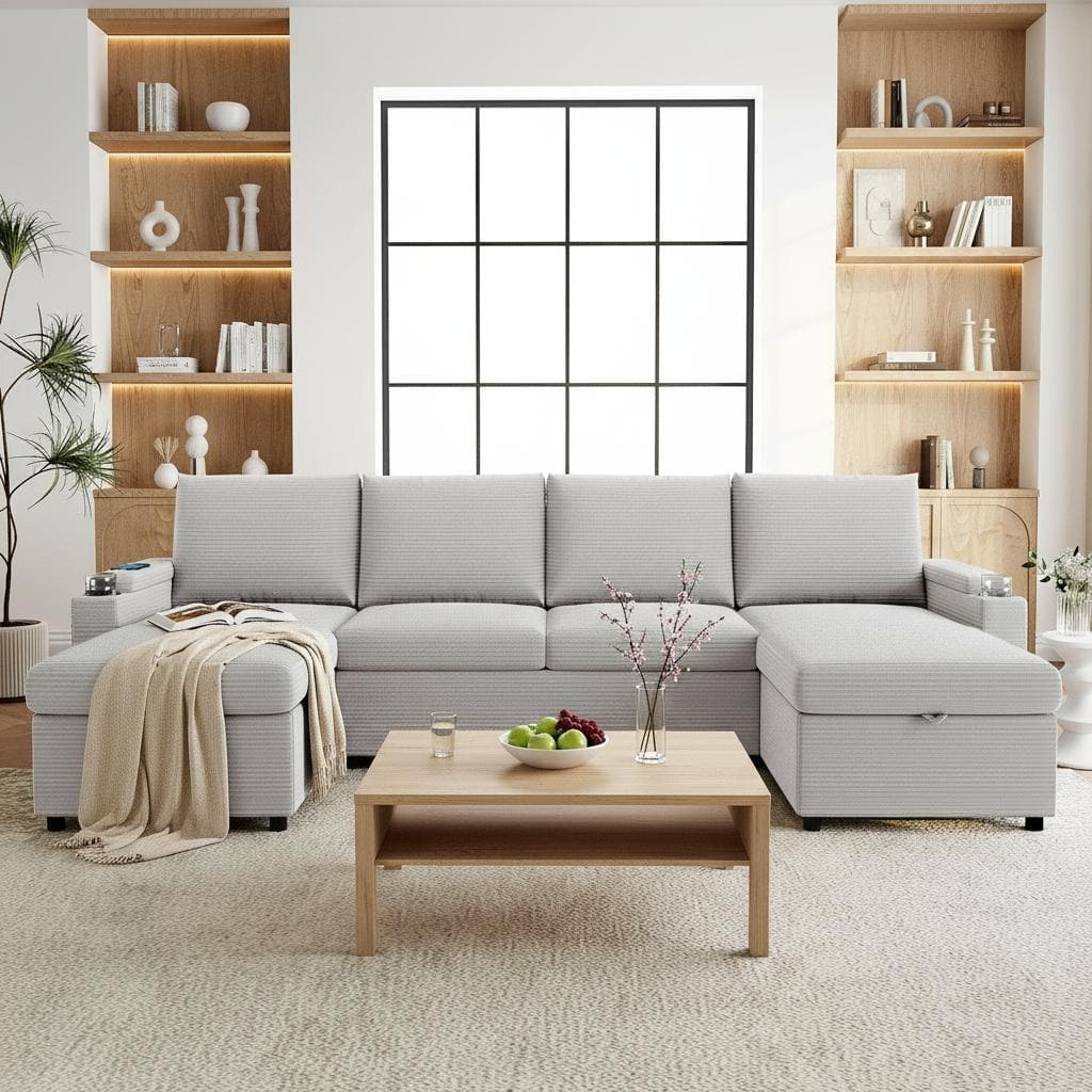 Ultimate U-Shaped Convertible Sofa Bed with Storage Chaise, Cup Holders & USB Ports by Harper&Bright Designs