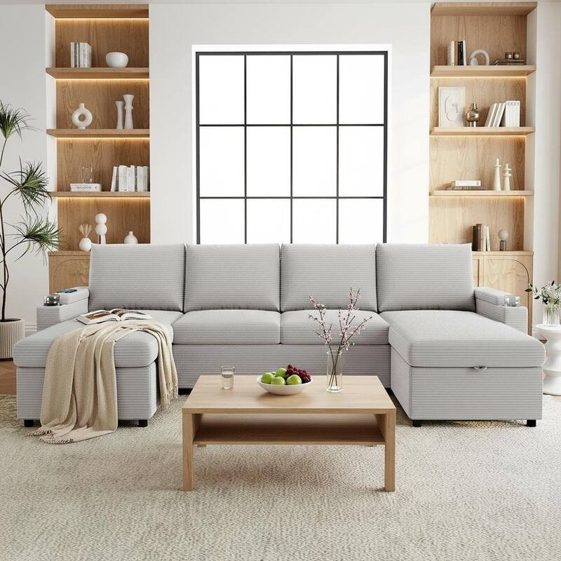 Ultimate U-Shaped Convertible Sofa Bed with Storage Chaise, Cup Holders & USB Ports by Harper&Bright Designs - Grey