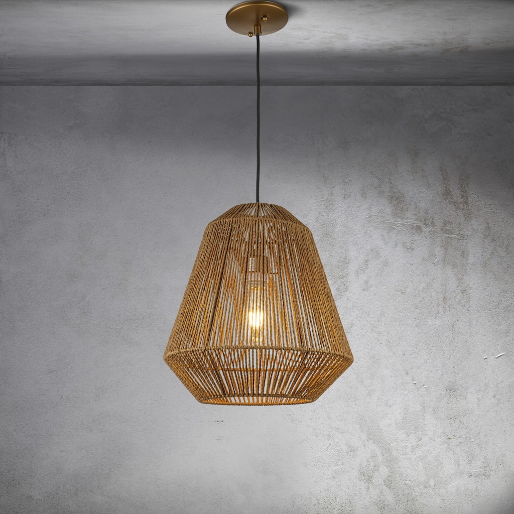 CraftHome Handcrafted 1-Light Farmhouse Natural Rattan Pendant Light With Boho Rope Woven Shape - W14"