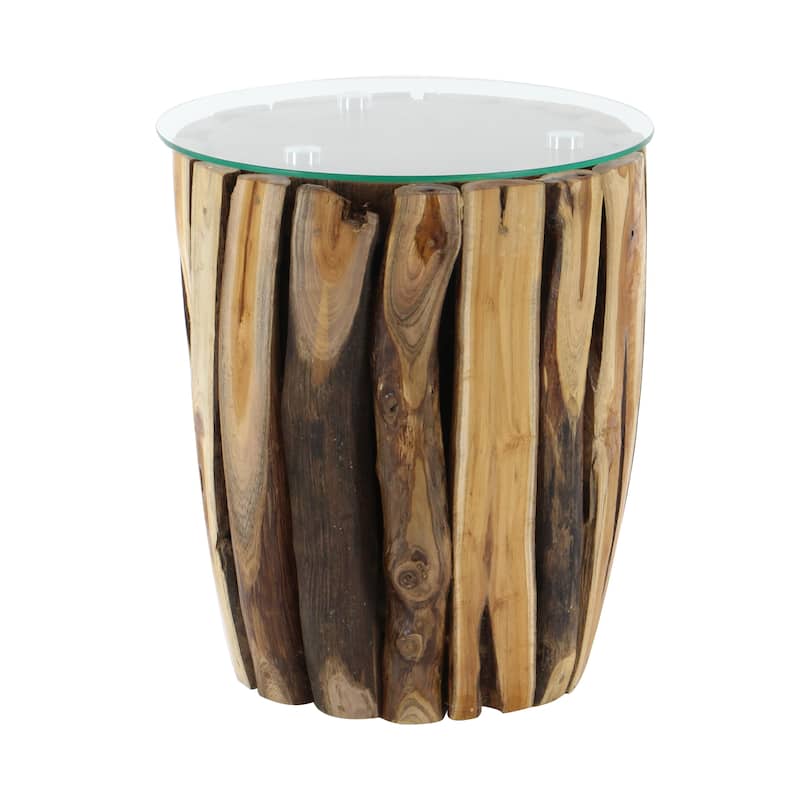 Teak Wood Handmade Live Edge Tree Branch Accent Table with Clear Glass Top - Brown - Roche River Decor - 16"Wx16"Lx18"H