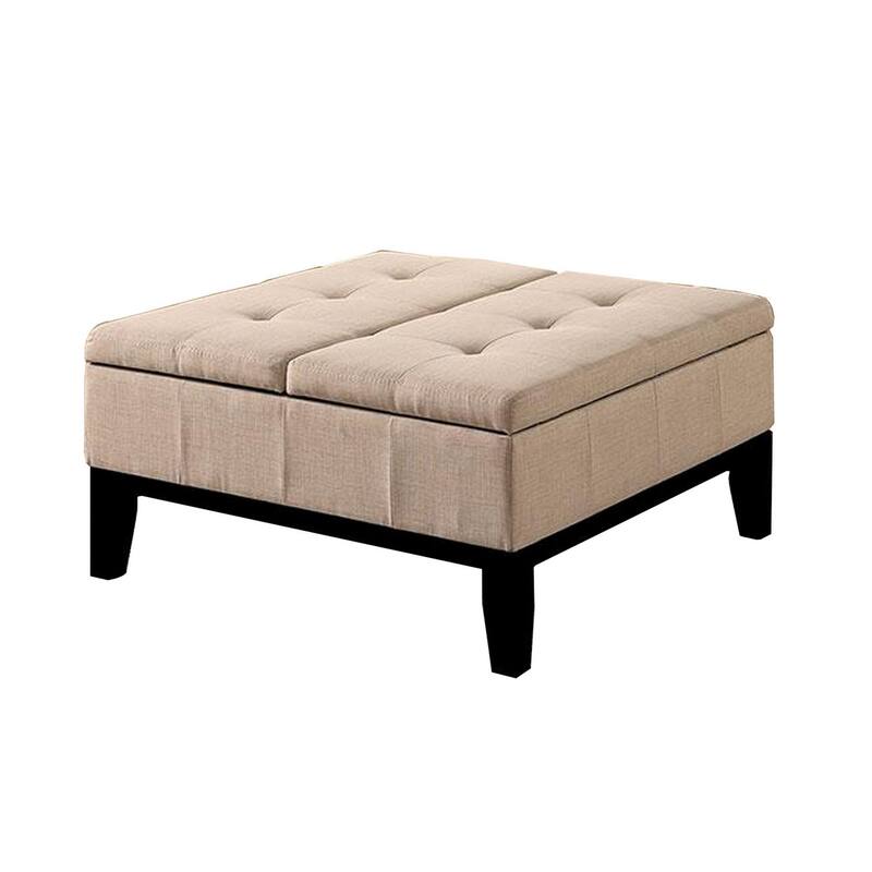 Orin 36 Inch Ottoman, Split Storage Lid, Tufted Beige Upholstery, Wood