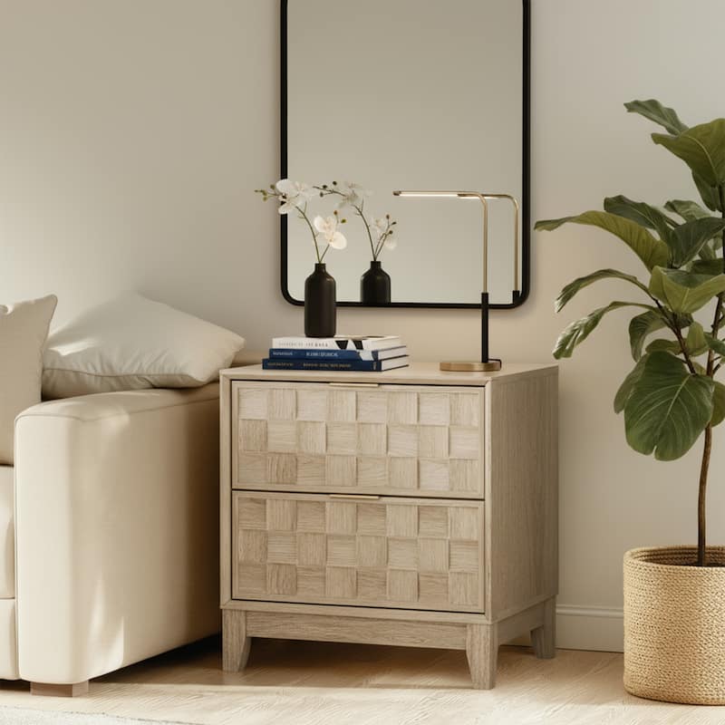 22" Modern Nightstand with Charging Station & 2 Drawers - Compact Bedroom Side Table​ - Oak