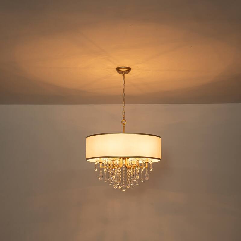6-Light Modern Elegant Gold Drum Fabric Shade Adjustable Height with Crystal Accent Chandelier for Dining Room & Bedroom