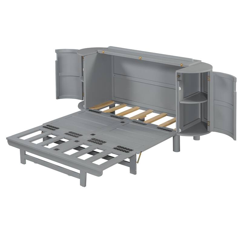 Space-Saving Full Murphy Bed with Hidden Storage and Modern Woven Design, Gray