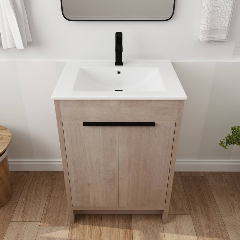 Freestanding Plywood Bathroom Vanity Set in Plain Light Oak with Integrated Sink