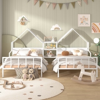 Space-Saving Metal Double Twin Platform Bed Frame w/House-Shaped Headboard & a Built-in Nightstand, No Box Spring Needed, White