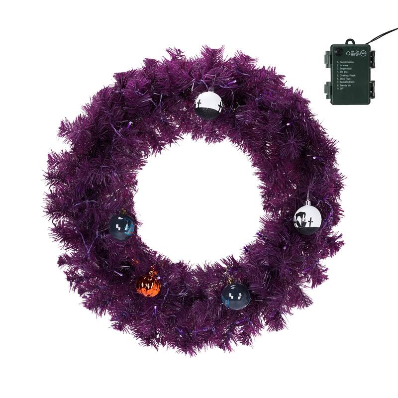 24in Pre-lit Halloween-Themed Christmas Wreath, Lighted Artificial Wreath with Lights and Ornaments, for Xmas Party Decorations