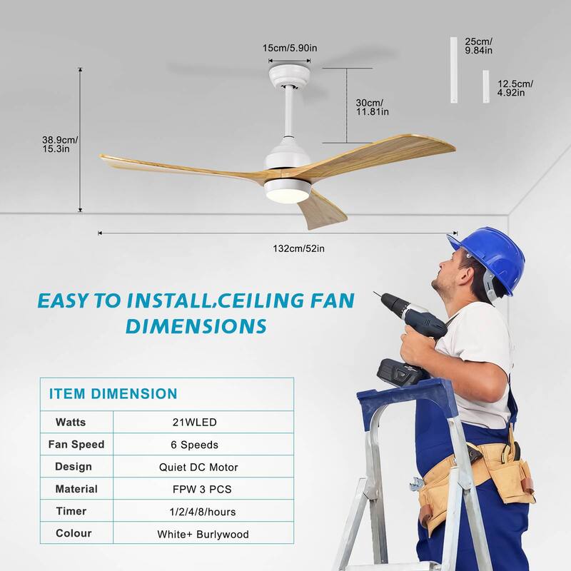 52 in. Smart Indoor Ceiling Fan with Integrated LED with 3 Wood Blade and Remote Control
