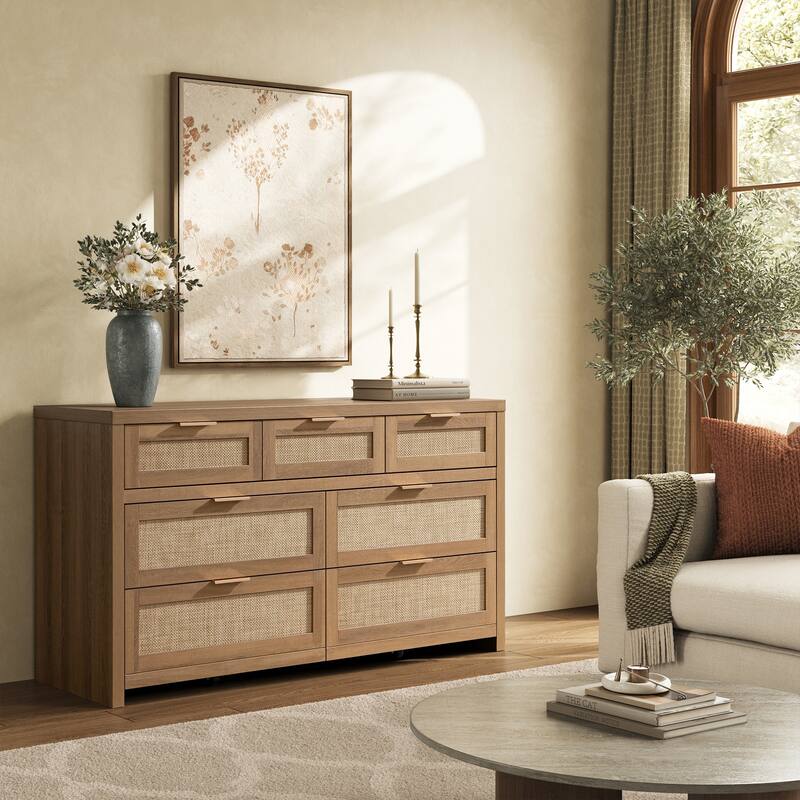Efficient Storage Dresser with 7 Rattan Drawers