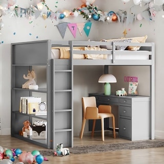Full Size Loft Bed With Ladder,Shelves and Desk for Home