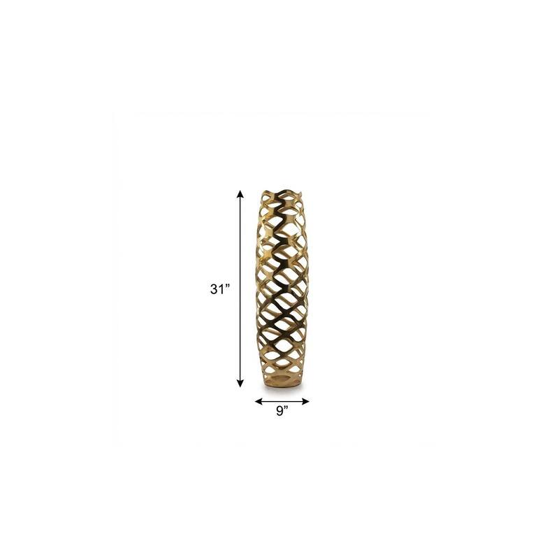 31" Gold Aluminum Pierced Geometric Cylinder Floor Vase - 9.00