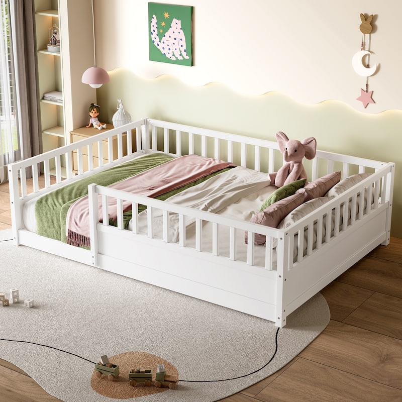 Floor Bed Pine Wood Bed Frame with Fence for Kids Easy Assembly