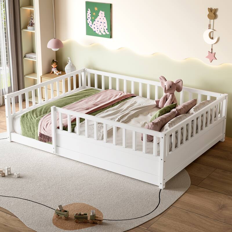 Full/Twin Montessori Floor Bed with Security Barrier & Door - Children's Wooden Bed Frame