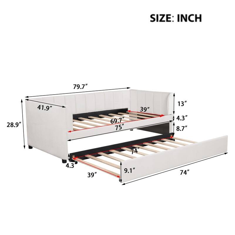 Twin Size Upholstered Daybed with Ergonomic Design Backrest and Trundle
