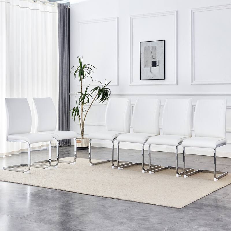 6 Piece PU High Elastic Dining Chair With High Backrest, Cushion, Silver Metal Legs For Dining Room Kitchen Living Room Bedroom