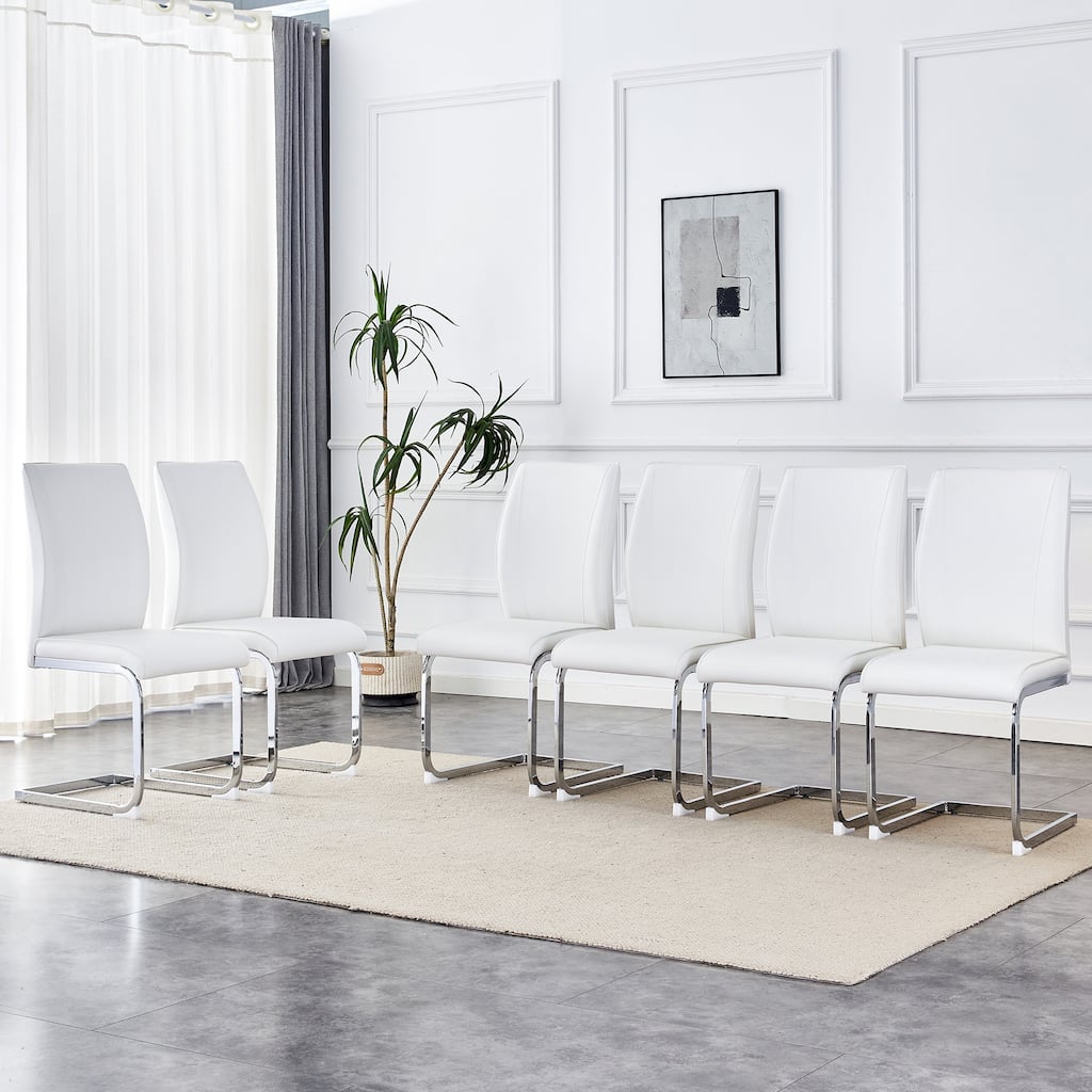 6 Piece PU High Elastic Dining Chair With High Backrest, Cushion, Silver Metal Legs For Dining Room Kitchen Living Room Bedroom