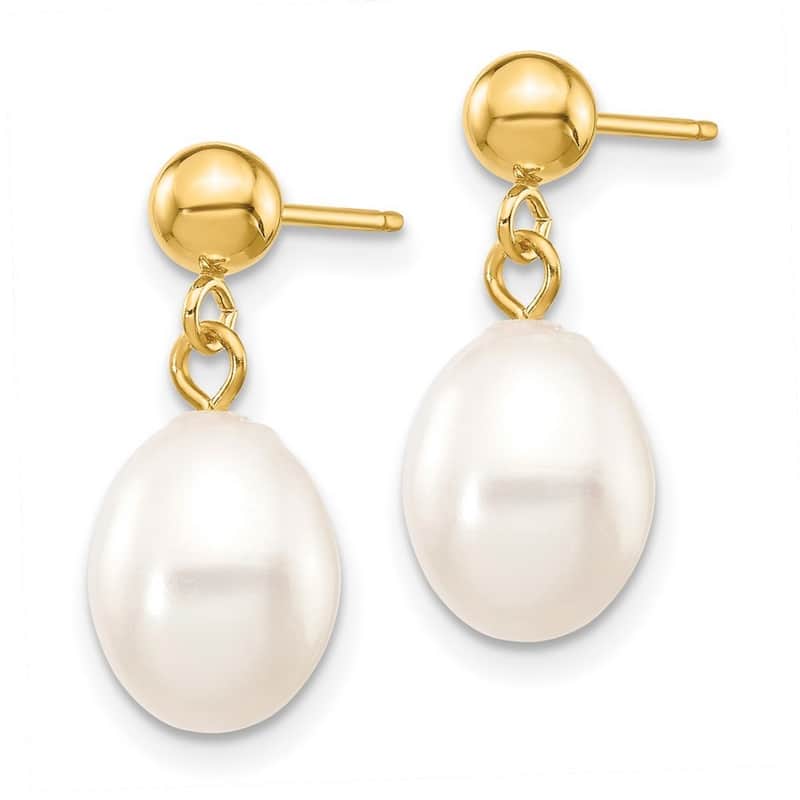 Curata 10k Yellow Gold 7-8mm White Rice Freshwater Cultured Pearl Dangle Post Earrings