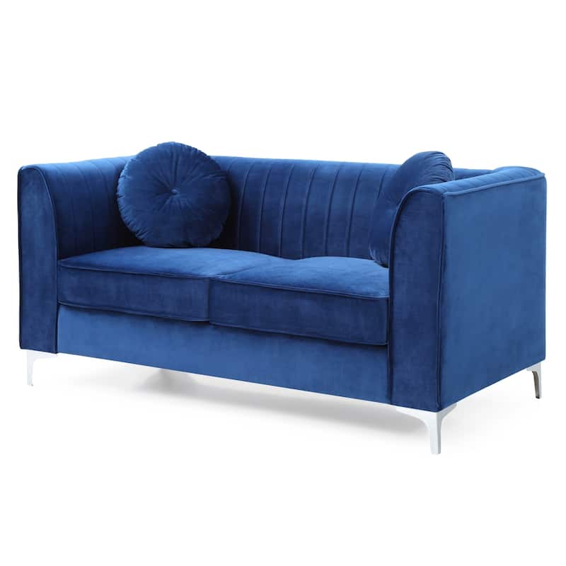 Velvet Microsuede Channel Tufted Loveseat with Throw Pillows - 65" - Blue