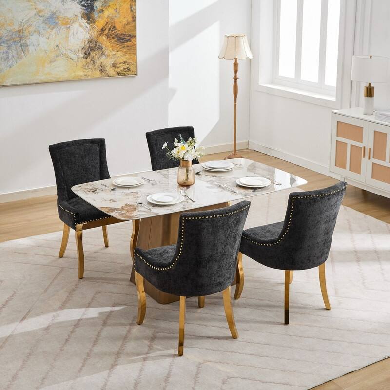 Luxe Curved Accent Dining Chairs with Gold-Plated Legs & Textured Chenille Upholstery, Set of 2
