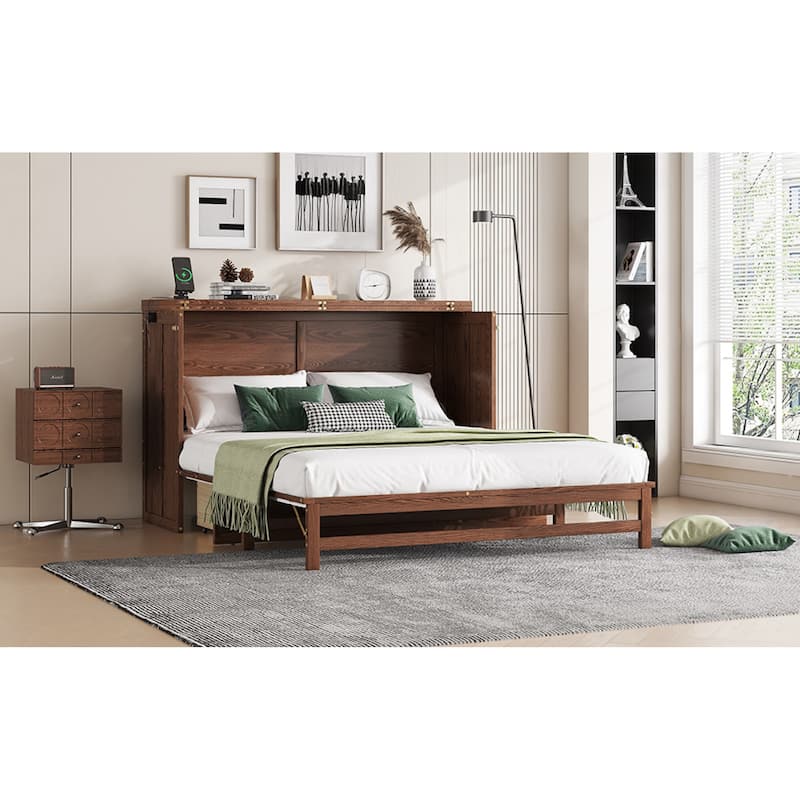 Roomfitters Queen Murphy Bed Cabinet with Storage Compartment, Charging Station with USB, Solid Pine Wall Bed