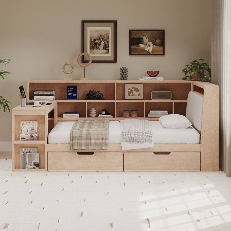 L-shaped Wooden Daybed with Desk and Storage Bookcase with Upholstered Headboard