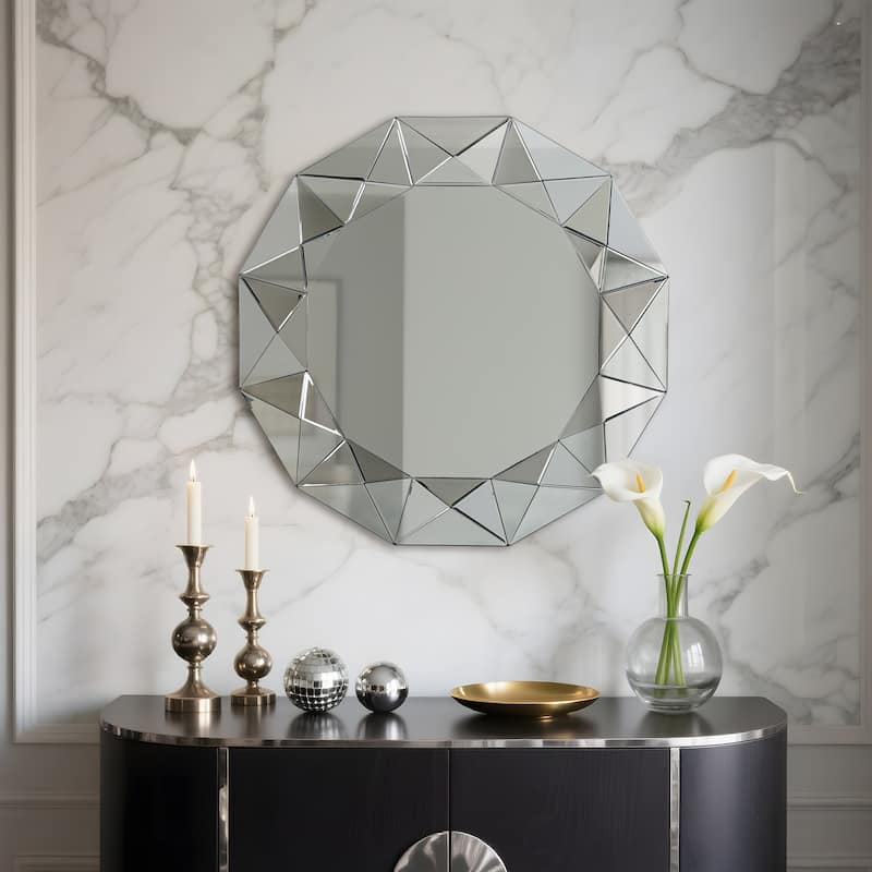 Avelia Modern Round Wall Mirror 39 Inch Geometric Beveled Glass with MDF Back - Silver/Chrome - Dia.39"*H1.2"