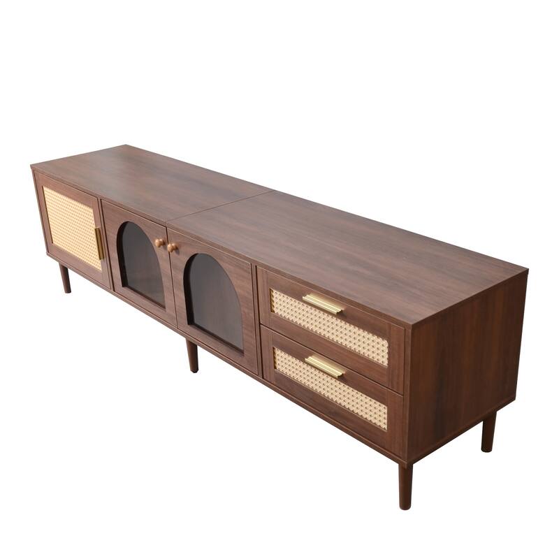 70" TV Stand for TVs up to 80" with App-Controlled LED Lights, 2 Drawers & Glass-Door Storage, Modern Media Console