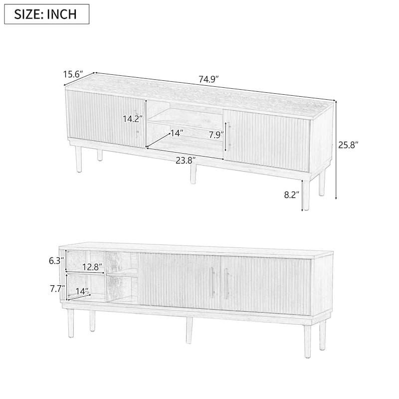 74.9"Modern TV Stand with Vertical Striped Sliding Doors - Space-Saving Media Console with Stylish Storage