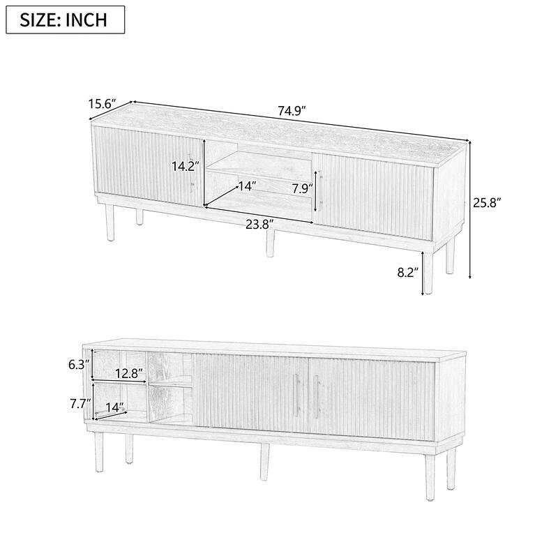 Stylish TV Stand with Vertical Striped Doors, Space-Saving Sliding Door Design, Sturdy Solid Wood Legs