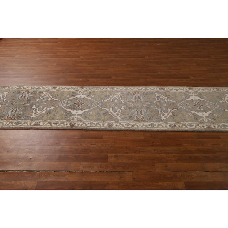 Gray Oushak Indian Runner Rug Hand-Knotted Floral Wool Carpet - 2'6"x 11'8"
