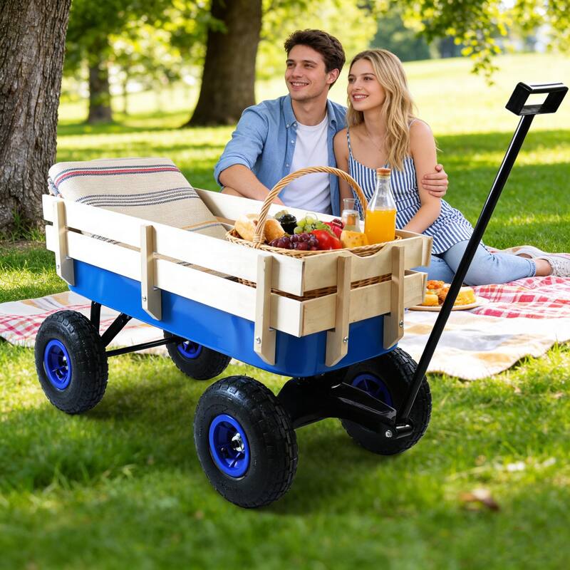 Anmytek Garden Cart Utility Wagon with Inflatable Tires Outdoor Hauler Blue Wooden