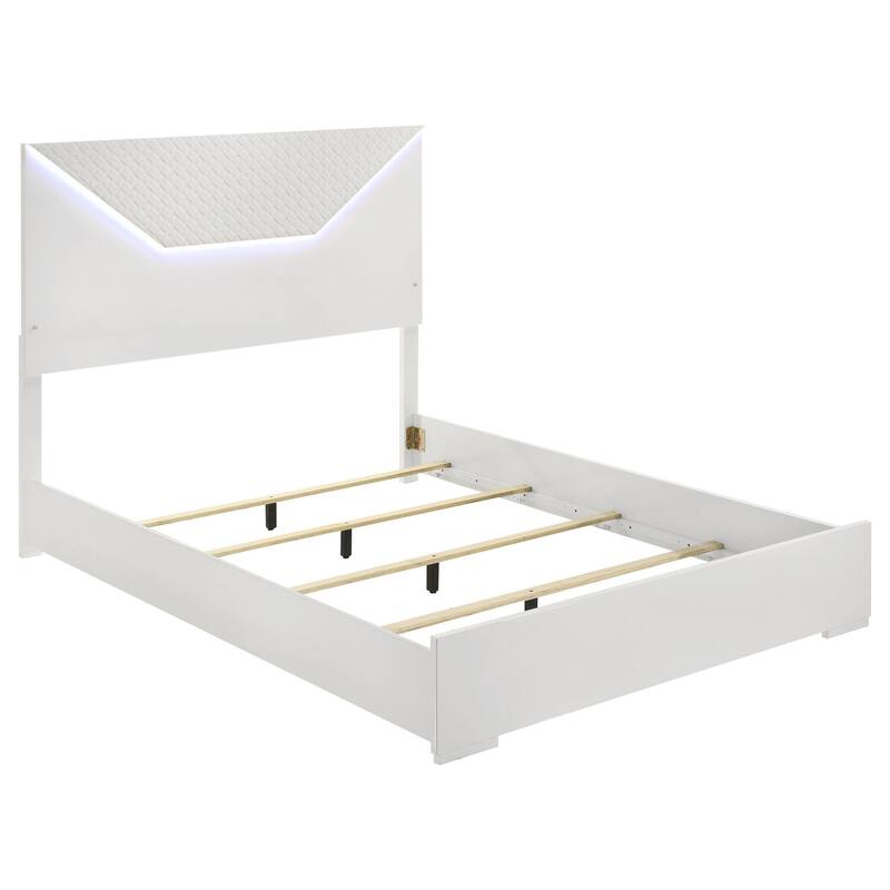 Queen Panel Bed with LED Headboard, White High Gloss, 3D Diamond Design with Ambient Lighting