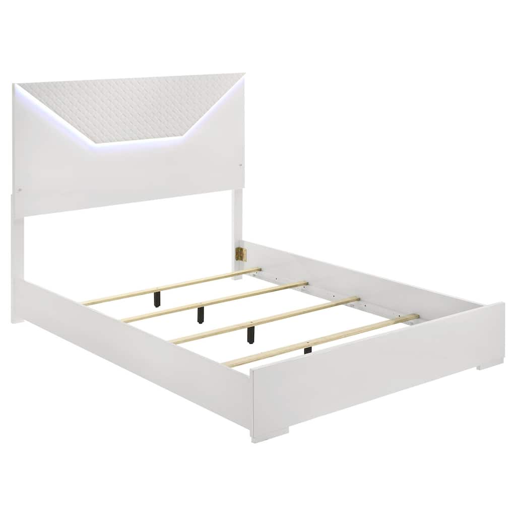 Queen Panel Bed with LED Headboard, White High Gloss, 3D Diamond Design with Ambient Lighting